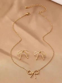 1 Pair Earrings 1 Necklace Women's Bow Knot Minimalist Elegant Jewelry Set For Daily Commute - Yellow Gold - View 2