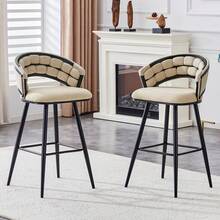 Set Of 2 Beige Velvet Bar Stools With Black Iron Legs - Ideal For Kitchen Island Or Bar - 黑色 - 查看 2