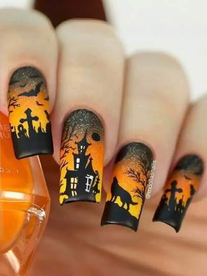 24片長款棺材形萬聖節鬼屋蝙蝠狼印花橘黑漸層亮片穿戴甲套組，附1片果凍膠與1片指甲锉，易穿戴易卸除，可重複使用沙龍級女用派對美甲假指甲