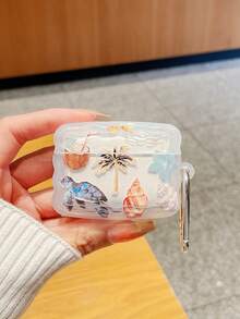 1件波浪邊夏季海灘海龜與椰子樹耳機保護殼，半透明磨砂防摔耳機套，附金屬掛鉤，印有島嶼海灘元素（海龜、椰子樹、貝殼、扶桑花、椰子飲品） - 彩色 - 查看 16