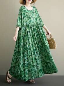 Halloween Elegant Ball Women's Plus Size Green Floral A-Line Long Dress, Batwing Sleeve Short Sleeve, Spring/Summer Casual Loose Long Dress Vacation - Green - View 1