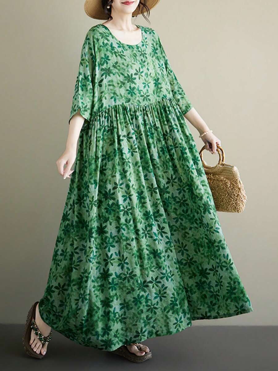 Halloween Elegant Ball Women's Plus Size Green Floral A-Line Long Dress, Batwing Sleeve Short Sleeve, Spring/Summer Casual Loose Long Dress Vacation - Green - View 1