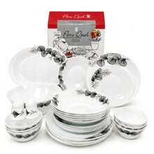 28-Piece Opal Glass Dinner Set For 6 People With Plates And Bowls – Coral Pattern - Black and White - View 12