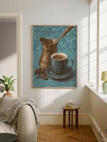 1pc Framed Canvas Wall Art, Vintage Turkish Coffee Cup And Coffee Beans Canvas Painting, Retro Blue Kitchen Decor, Atmospheric Cafe Home Wall Art, Suitable For Modern Home Decor, Room Decor, Dorm Decor, Bedroom Decor, Bathroom Decor, Kitchen Decor, Dining Room Decor, Living Room Decor, Office Decor, School Decor, Classroom Decor, Back To School Decor, Autumn Decor, Autumn Poster, Waterproof Poster, Great Gift - Multicolor - View 5