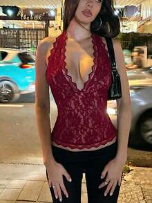 V領蕾絲拼接夏季女款優雅上衣，酒紅色掛脖綁帶修身短版上衣，適合日常穿著、約會、度假、派對 - 酒紅色 - 查看 7