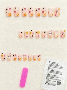 24pcs Halloween Design Classic Elegant White Skeleton Orange Pink Flower Ghost Striped French Glossy Bright White Fake Nails Fashion Versatile Wearable Nails Suitable For Dating Party Spring Summer Women And Girls Autumn Winter Daily Wear Removable Press-On Nail Set With Jelly Glue And Nail File Easy To Wear And Durable Jelly Glue Randomly Shipped - Multicolor - View 2
