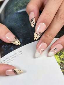 10pcs Almond Shaped Medium Press-On Nails, White Nail Polish Manicure, Minimalist Daily Style, Winter Press-On Nails, Glossy French Polka Dot Manicure, Nail Art Supplies, Suitable For Party, Celebration, Daily Wear Handmade Press On Nails - Multicolor - View 3