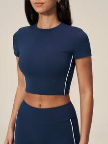 TimeOff Women's One Set Contrast Color Side Double Stripe Crew Neck Short Sleeve Butt-Lifting Shorts Sports Set - Navy Blue - View 7