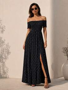 Elegantes schwarzes A-Linien-Langkleid für Damen mit weißen Punkts für den Sommer - Schwarz - Übersicht 4