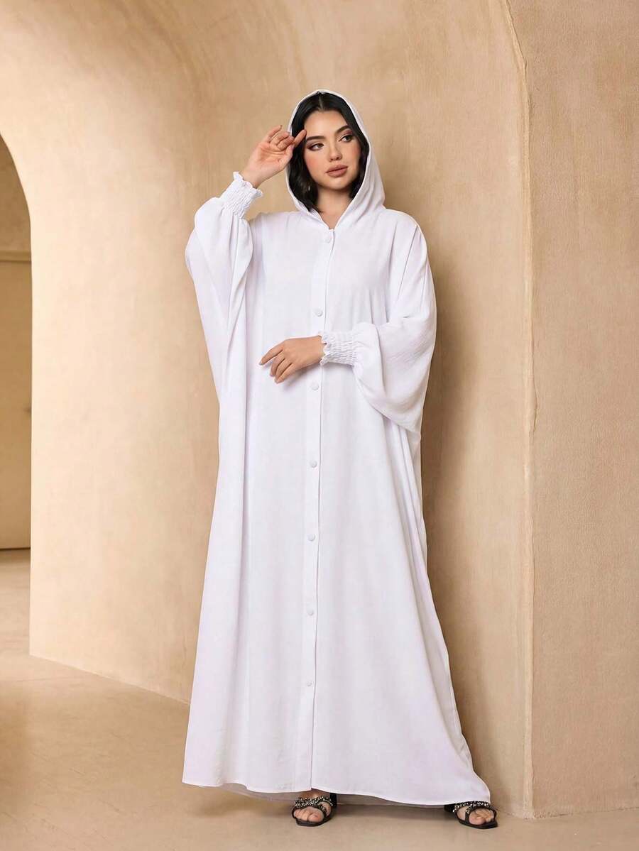 1pc Fashionable Versatile Solid Color Hooded Buttoned Ice Silk Crinkled Long Robe Women's Elegant Soft Abaya Sun Protection Muslim Clothing Shawl - White - View 1