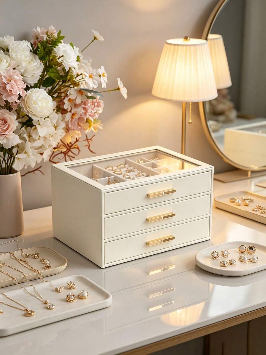 1pc Large Capacity Multi-Layer Jewelry Box With Transparent Window, Drawer Style, Anti-Oxidation Storage Box For Rings, Earrings, Necklaces