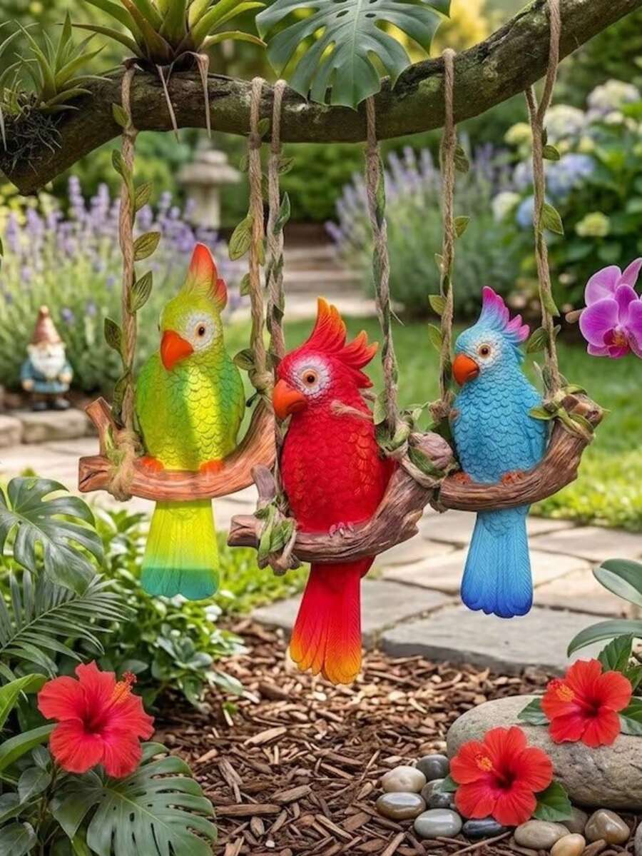 搖擺鸚鵡吊飾 鳥類樹脂手工藝動物雕像 家居花園懸掛裝飾 戶外庭院裝飾 - 多色 - 查看 1