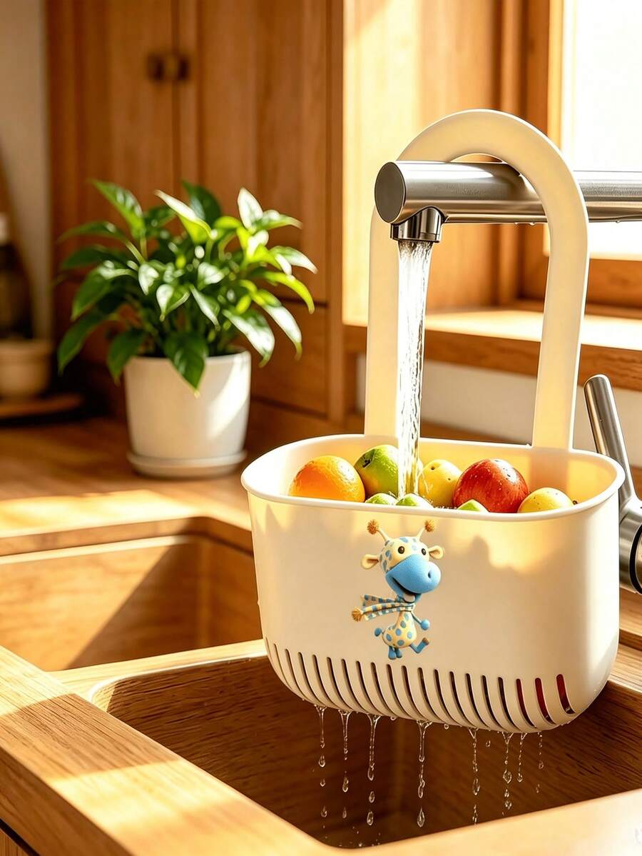 Cheerful Deer Design Multi-Functional Colander, Thickened Design, Easy To Disassemble, No-Drill Sink Filter Rack, Dual Use For Kitchen And Bathroom, Sponge And Cloth Storage Basket, Also Suitable For Washing Vegetables And Fruits - Multicolor - View 1