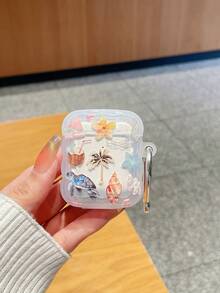1件波浪邊夏季海灘海龜與椰子樹耳機保護殼，半透明磨砂防摔耳機套，附金屬掛鉤，印有島嶼海灘元素（海龜、椰子樹、貝殼、扶桑花、椰子飲品） - 彩色 - 查看 15