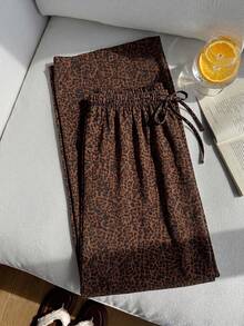 Women's Summer Lightweight Breathable Leopard Print Casual Pants, Elastic Waist With Drawstring, Loose Drapey Wide Leg Long Pants - Coffee Brown - View 2