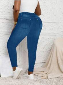 Plus Size Denim Effect Print Slim Fit Cropped Pants, High Waist Slim Fit Spring Summer Autumn Pants, Medium Stretch Fabric, Suitable For Autumn Fashion - Royal Blue - View 2
