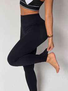 1pc Seamless High Waist Tummy Control Butt Lifting Workout Leggings, 4-Way Stretch Breathable Yoga Pants For Casual, Running, Fitness Sports - Black - View 2