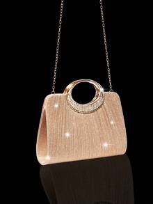 Luxury Rhinestone & Sequin Handbag, Elegant Pleated Women's Evening Clutch, Paired With 3-Piece Jewelry Set: Necklace, Earrings And Bracelet, Luxury Sparkling Crystal Women's Evening Clutch, Suitable For Various Parties, Romantic Weddings, Spring/Summer Chain Shoulder Bag, Bridal Handbag And Formal Celebration Occasions - Rose Gold - View 4