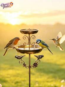 1pc Vintage Iron Double-Layer Bird Bath, Bird Feeder & Bathing Bowl, Balcony Garden Decor, Gift For Bird Lovers, Spring Courtyard Essential - Multicolor - View 3