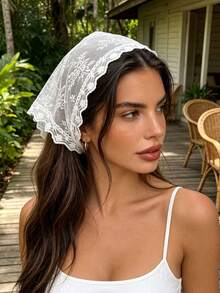 1pc Spring/Summer Fashionable White Mesh Floral Pattern Romantic Beach Lace Triangular Scarf Hair Accessory,Hair Accessories For Women - Apricot - View 22