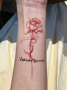 1pc Red Gradient Line Rose Handwritten English Slim Vertical Strip Pattern Temporary Tattoo Sticker, Realistic Fake Tattoo Design, Suitable For Daily Bachelorette Party Favors, Music Festivals, Gaming, Graduation Gifts, Lasts 3-5 Days - Multicolor - View 3