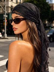 1pc French Vintage Lace Headscarf, Hollow Pattern Headwrap, Vacation Style Sun Protection Headscarf, Street/Beach/Daily Multi-Purpose Hair Accessory - Black - View 2