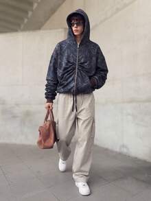 Men's Cargo Pants Elastic Waist Long Pants Woven Straight Leg Loose Casual Minimalist Style Dual Pockets Drawstring Cargo Long Pants Spring Summer - Apricot - View 3