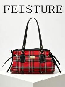 FEISTURE 1件時尚格紋單肩腋下包，大容量女款通勤包，適合日常出行、約會、通勤 - 紅色 - 查看 1