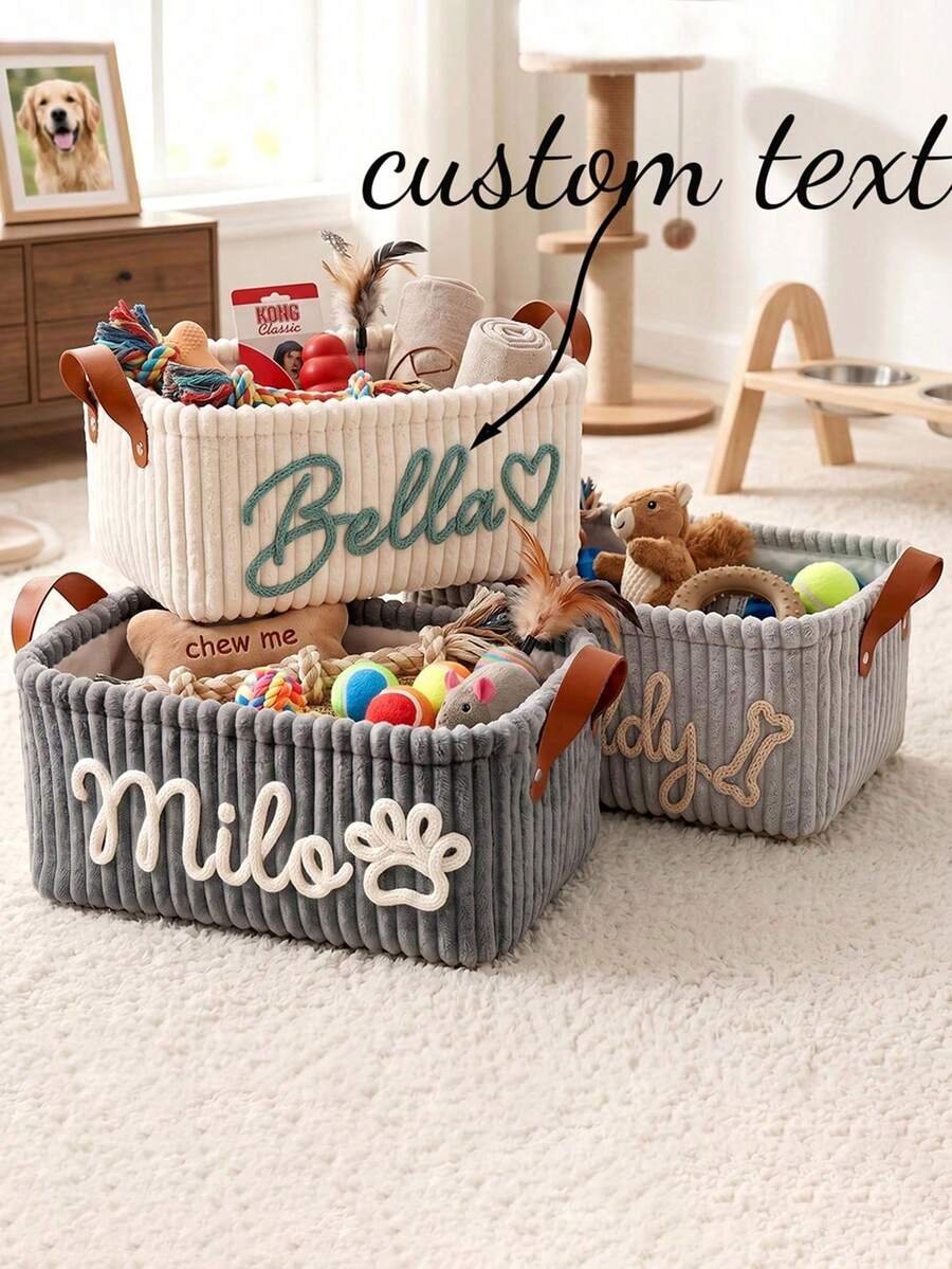 1 PC Personalized Dog Toy Basket - Corduroy Pet Storage Basket With Name, Gift For New Dog Owners - Multicolor - View 1