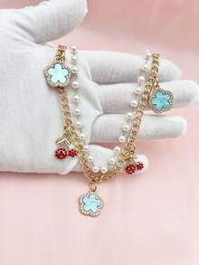 Exquisite Cherry Shaped Bag Charm, Charming Five-Leaf Clover Decorated Bag Chain, Faux Pearl Women's Bag Accessory, Back To School Season Gift - Multicolor - View 5