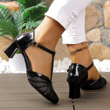 Mesh Woven Pointed Toe Chunky Heel Sandals, Suitable For Spring/Summer, Gentle Style, Versatile For Commuting And Work - Black - View 5