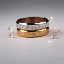 1pc Minimalist Wave Cherry Blossom Engraved Couple Rings, Waterproof Hypoallergenic Stainless Steel Pair Rings, Silver & Gold Dual-Color Cherry Blossom Wedding Rings, Romantic Valentine's Day Engagement Anniversary Gift, Suitable For Men And Women - Multicolor - View 2