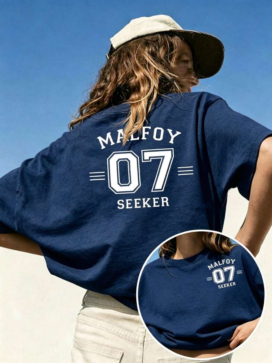 Women Crew Neck Tee, Malfoy 07 Seeker Back Print Short Sleeve, Stretchy All Season Casual Spring Summer Autumn Daily Printed Top - 藏蓝色 - 查看 1