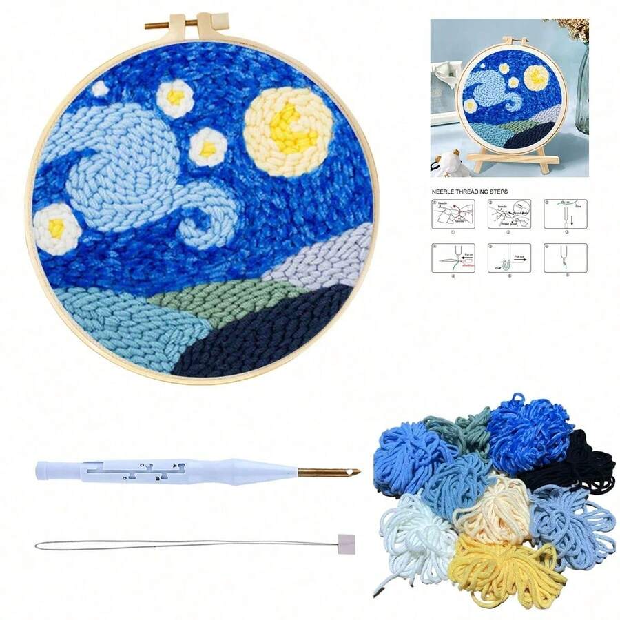 1pc Starry Sky Pattern Punch Needle Embroidery Beginner Kit, Adult Punch Needle Embroidery Set, DIY Cross Stitch Rug Beginner Kit, Home Decor Punch Needle Starter Kit With Tools - Multiple Styles - View 1