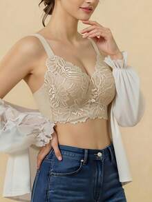 法式性感蕾絲內衣女款 薄款全罩杯舒適大胸顯小胸罩 側收平滑防下垂 聚攏可調節文胸 - 粉色 - 查看 4