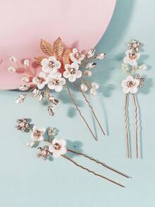 3pcs French Fairy White Flower Pearl Rhinestone U-Shaped Hair Pins, Bridal Wedding Updo Hair Accessories, Handmade Woven Alloy Hair Ornament Set - Gold - View 8