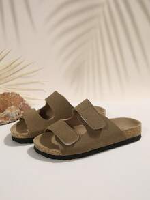 1 Pair Khaki Matte Finish Double Hook & Loop Kids Fashion Slippers Flat Bottom Lightweight Adjustable - Khaki - View 4