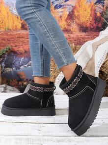 Women's Snow Boots, Anti-Slip Wear-Resistant Suede Embroidery Pattern Round Toe Short Shaft Thick Sole Snow Boots, Casual Bohemian Style, Autumn/Winter Camping Dating Home Outing Boots - Black - View 4