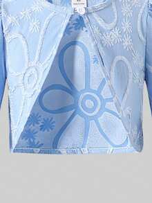 Young Girl Jacquard Textured Cardigan Jacket And Printed Floral Jumpsuit Set, Fashionable Casual Cute Elegant Spring Autumn Winter Outfit - Dusty Blue - View 5