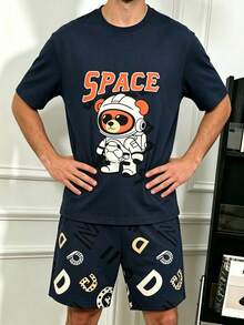 Men's Solid Color Crew Neck Cartoon Astronaut Bear Print Short Sleeve Letter Print Shorts 2-Piece Set Cute Comfortable Loungewear - Multicolor - View 4