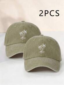 1pc/2pcs Unisex Y2K Style Embroidered Palm Tree Washed Baseball Cap, Outdoor Sun Protection Hat Suitable For Outdoor Sports, Sunshade And Daily Commute - Khaki - View 4