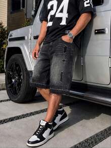Men's Summer Black & Grey Washed Distressed Frayed Denim Shorts, American Hip Hop Loose Straight Leg Patchwork Mid-Length Pants - Black - View 1
