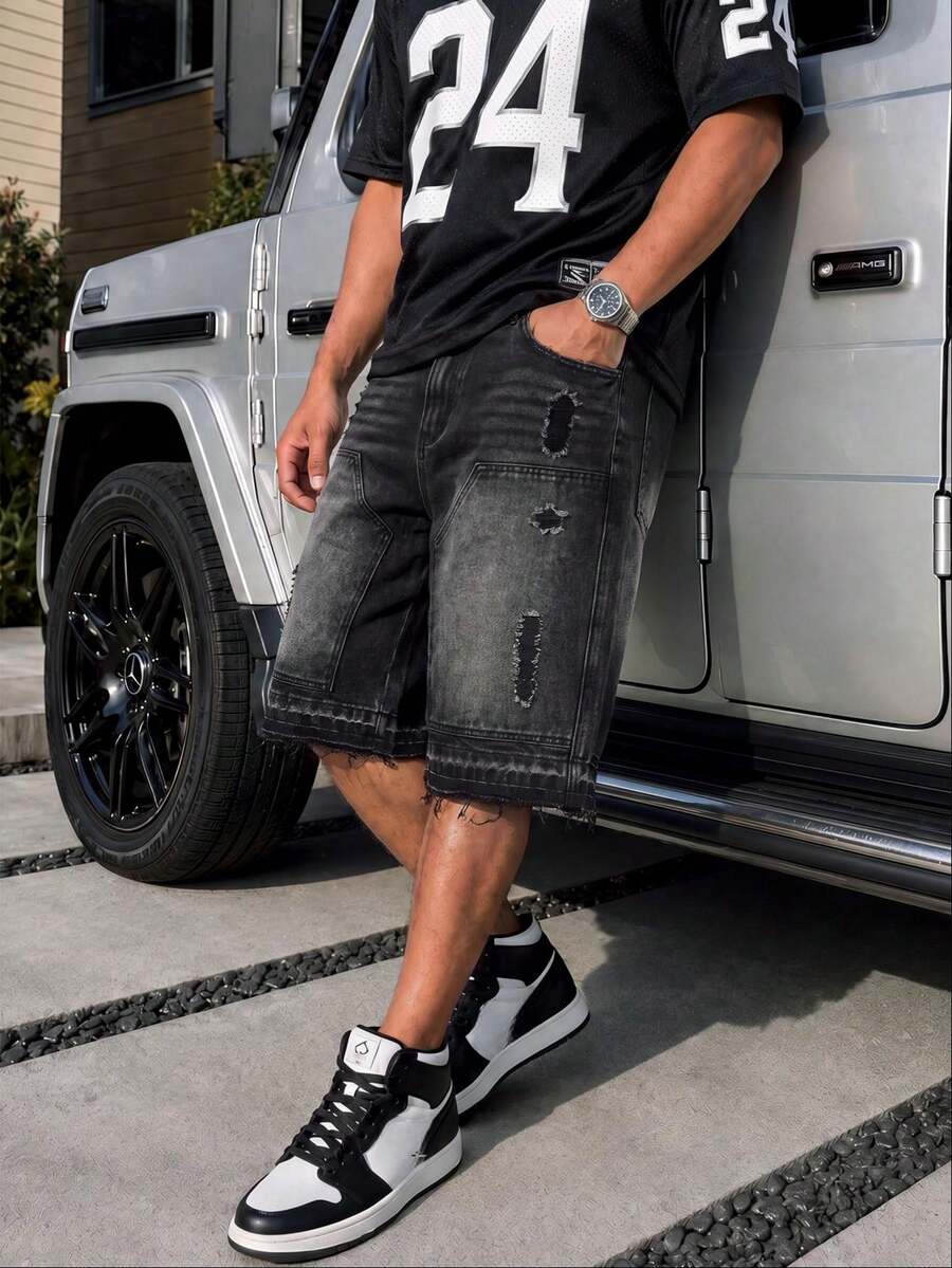 Men's Summer Black & Grey Washed Distressed Frayed Denim Shorts, American Hip Hop Loose Straight Leg Patchwork Mid-Length Pants - Black - View 1