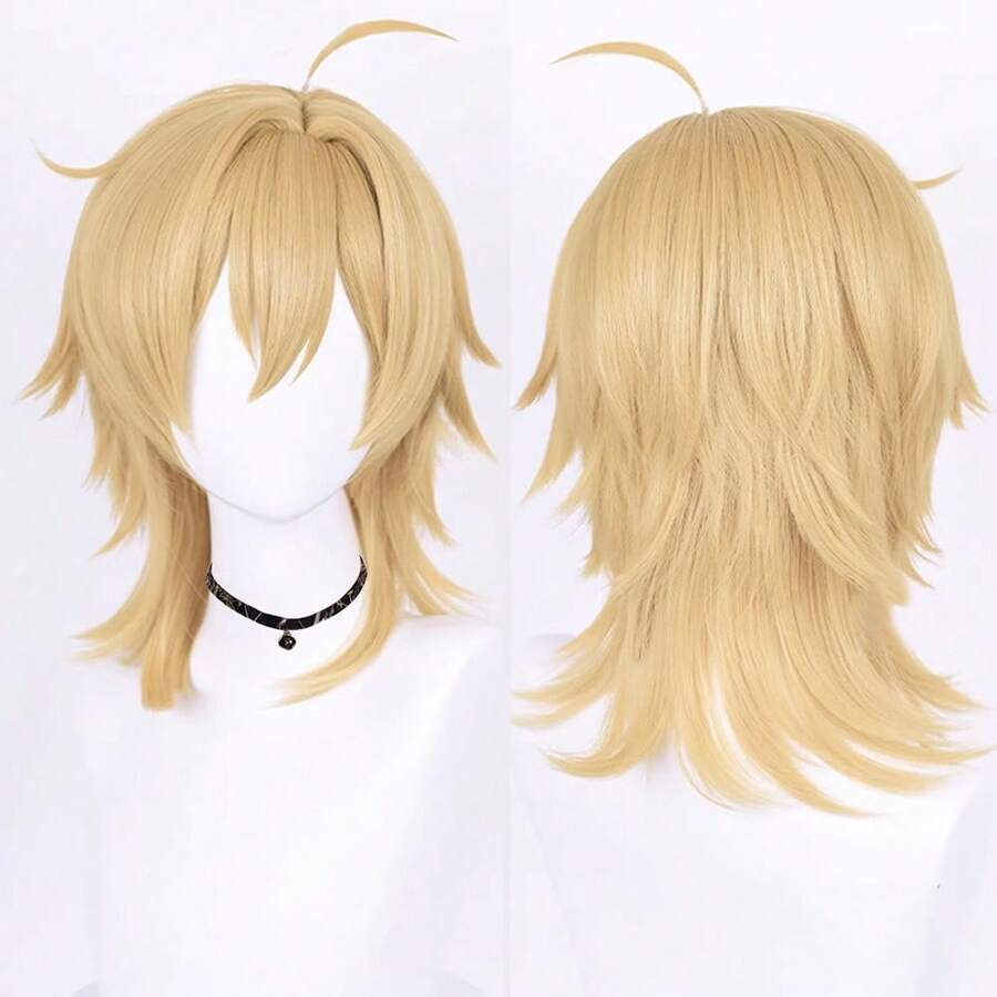 Gold Men Synthetic Short Straight Wigs With Bangs Blonde Anime Game Cosplay Fluffy Wig Heat Resistant For Daily Party - Gold - View 1