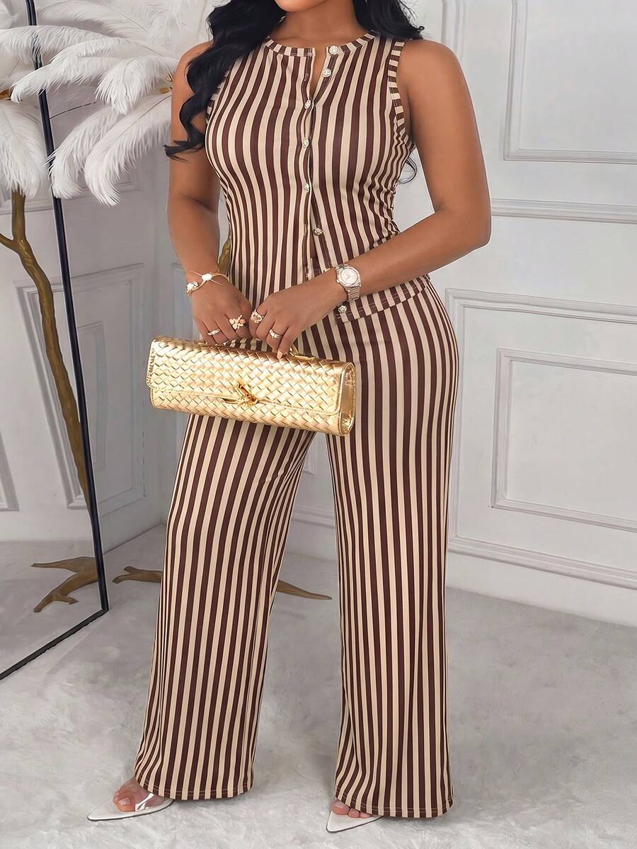 AIJ Amarilo Women's Plus Size Zebra Print Set, Sleeveless Round Neck Button-Up Top With Wide Leg Pants, Perfect For Summer Vacation (Random Print) Elegant - Coffee-brown Stripes - View 1