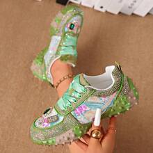 Women's Thick Sole Rhinestone Chunky Sneakers, Spring/Autumn New Full Rhinestone Breathable Heavy-Duty Street Style Mesh Inlaid Rhinestone Niche Design Height-Increasing Fashion Sports Casual Shoes - Green - View 1