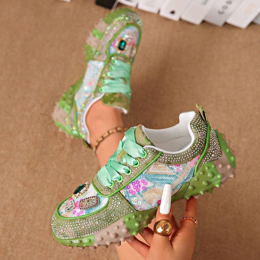 Women's Thick Sole Rhinestone Chunky Sneakers, Spring/Autumn New Full Rhinestone Breathable Heavy-Duty Street Style Mesh Inlaid Rhinestone Niche Design Height-Increasing Fashion Sports Casual Shoes - Green - View 1