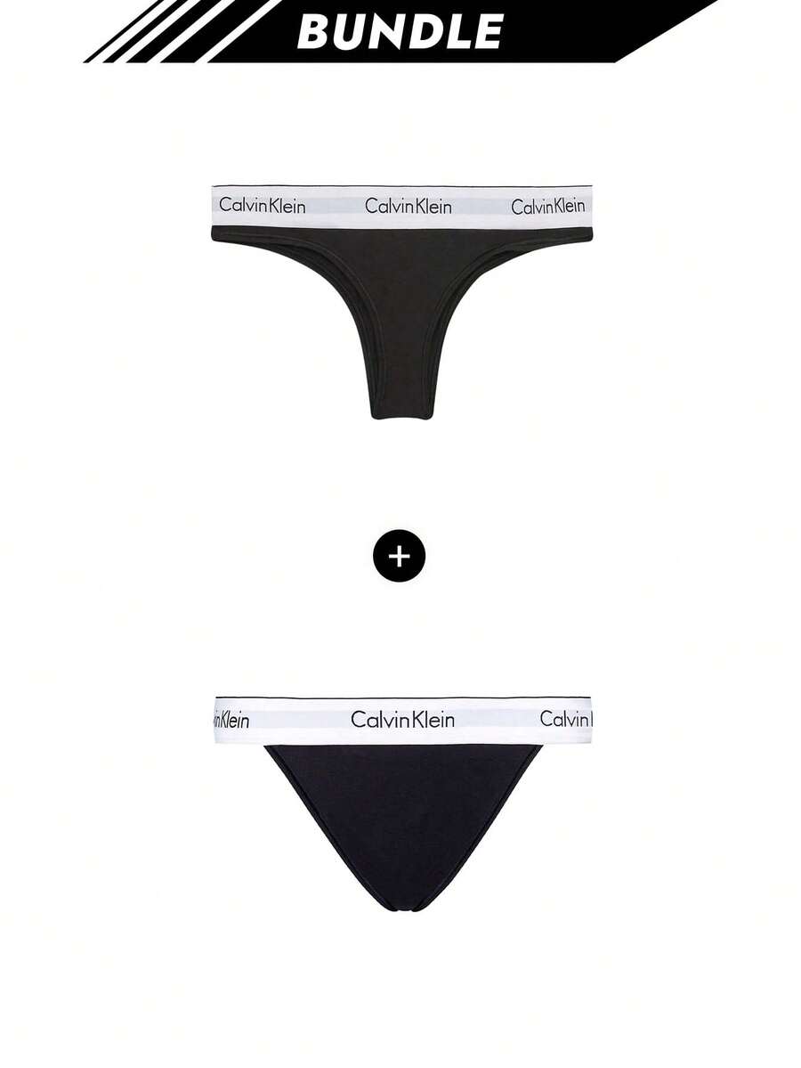 Calvin Klein [حزمة] ثونغ نسائي + ملابس داخلية نسائية - أسود + أسود - مشاهدة 1