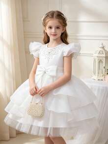 Girls' Bowknot Puff Princess Dress, Sweet Girls' Dress For Wedding Flower Girl, Birthday Party, Gathering, Runway, Host, Piano Performance, Evening Gown - White - View 1