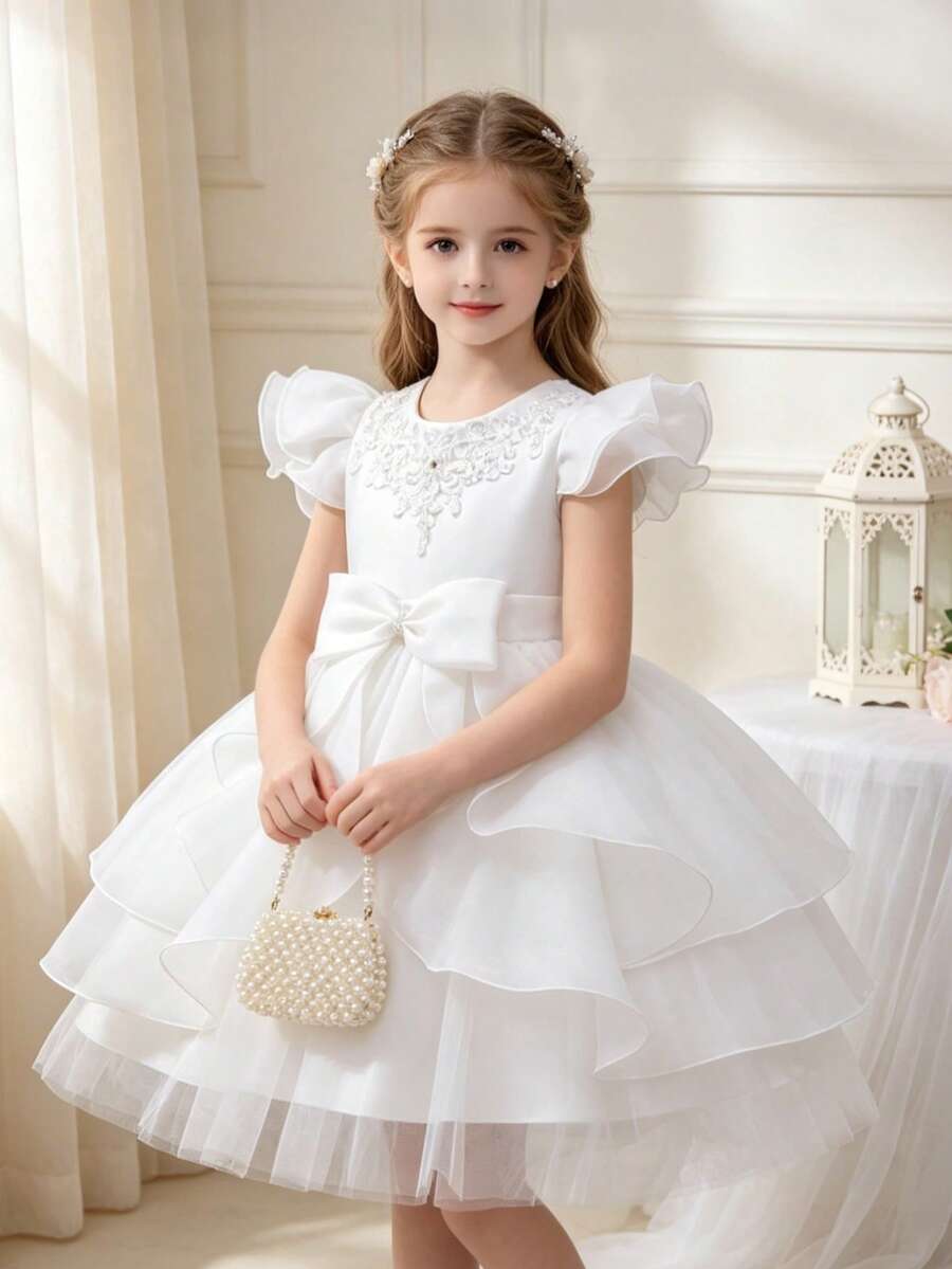 Girls' Bowknot Puff Princess Dress, Sweet Girls' Dress For Wedding Flower Girl, Birthday Party, Gathering, Runway, Host, Piano Performance, Evening Gown - White - View 1